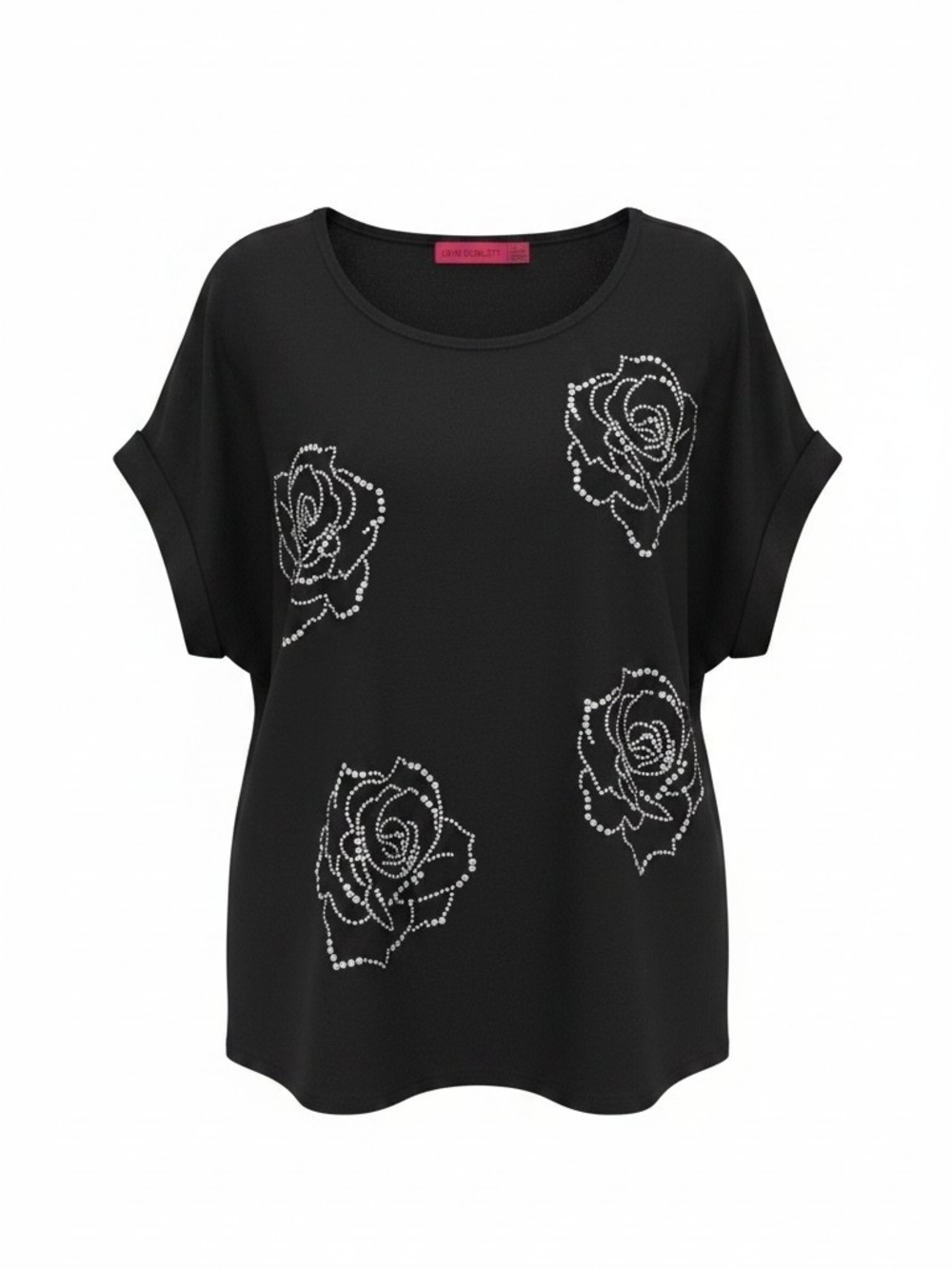 Scarlett Black Short Sleeve Tee with Rhinestone Rose Motif SZ L NWT